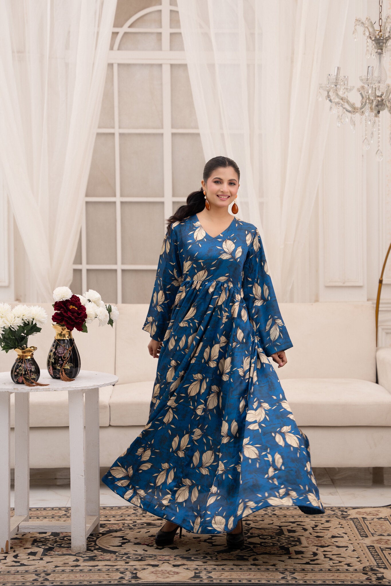 Teal Foliage – Printed 2-Piece Silk Suit