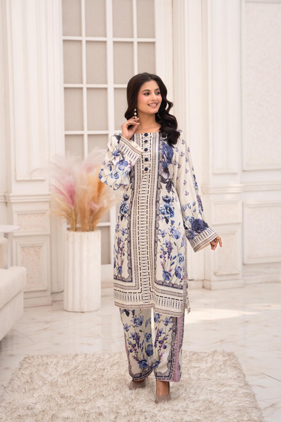 Ivory Bloom – Printed 2-Piece Silk Suit